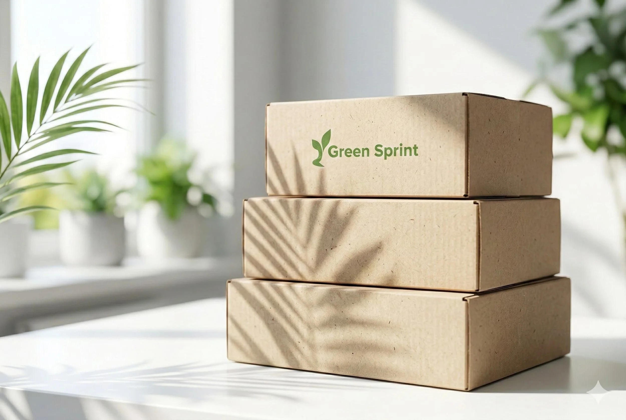 A stack of shipping boxes featuring the Green Sprint logo, representing e-commerce growth and packaging strategy.