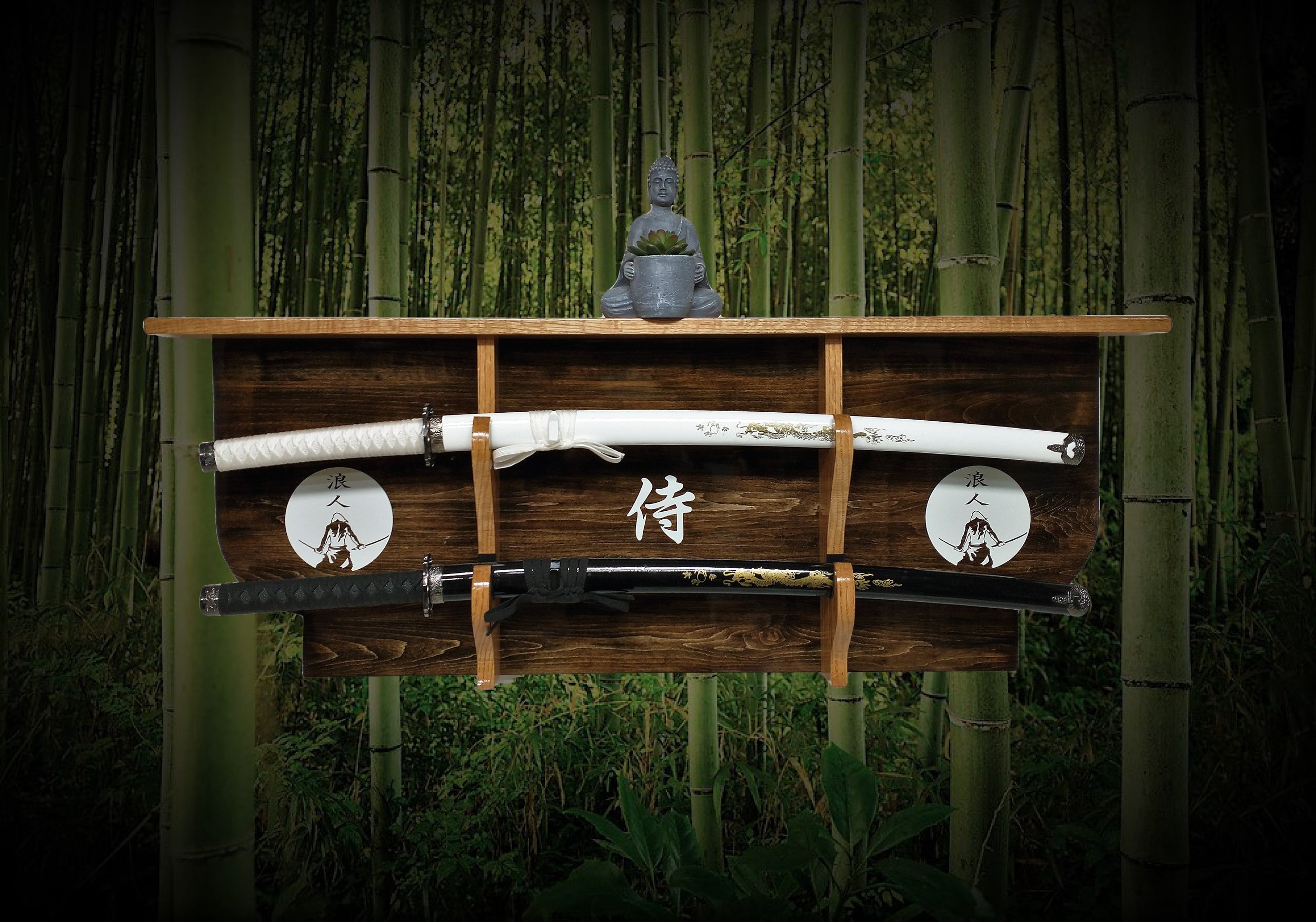 A wooden display board with two katanas, one white and one black, mounted on it. A small Buddha figurine on top of the display and a bamboo forest background.