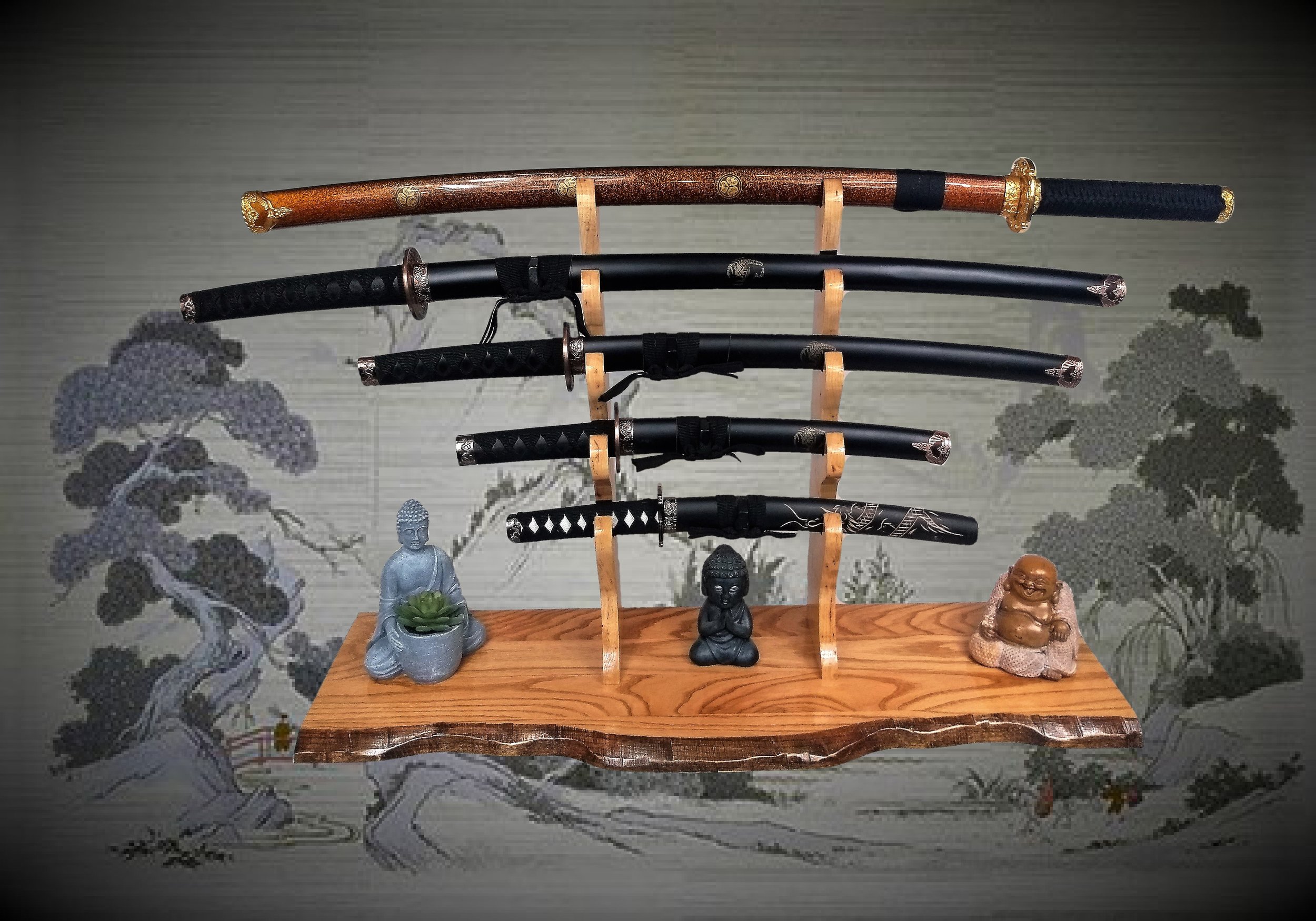 Display of six Japanese swords on a wooden stand with three Buddha figurines and a decorative wall landscape in the background.