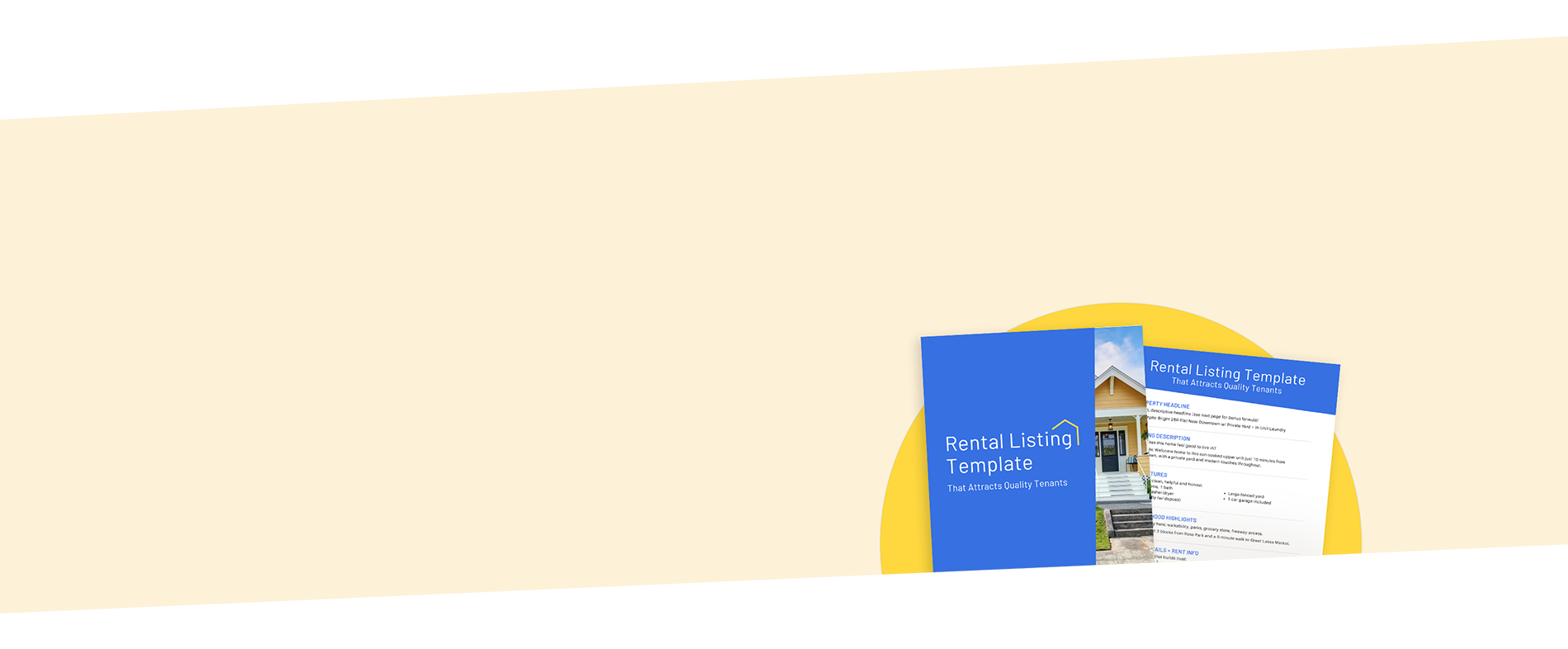 A blue rental listing template brochure featuring a house, placed on a yellow circle background, with a background of beige and black abstract shapes.