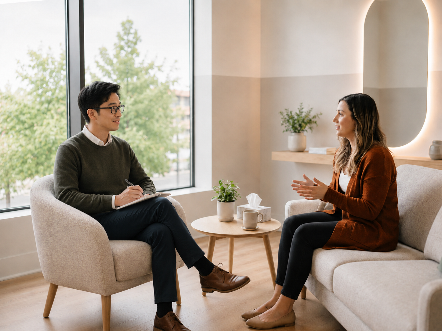 A man and woman having a conversation in a cozy, well-lit room with large windows, a small wooden table with potted plants and cups, and minimal decor.