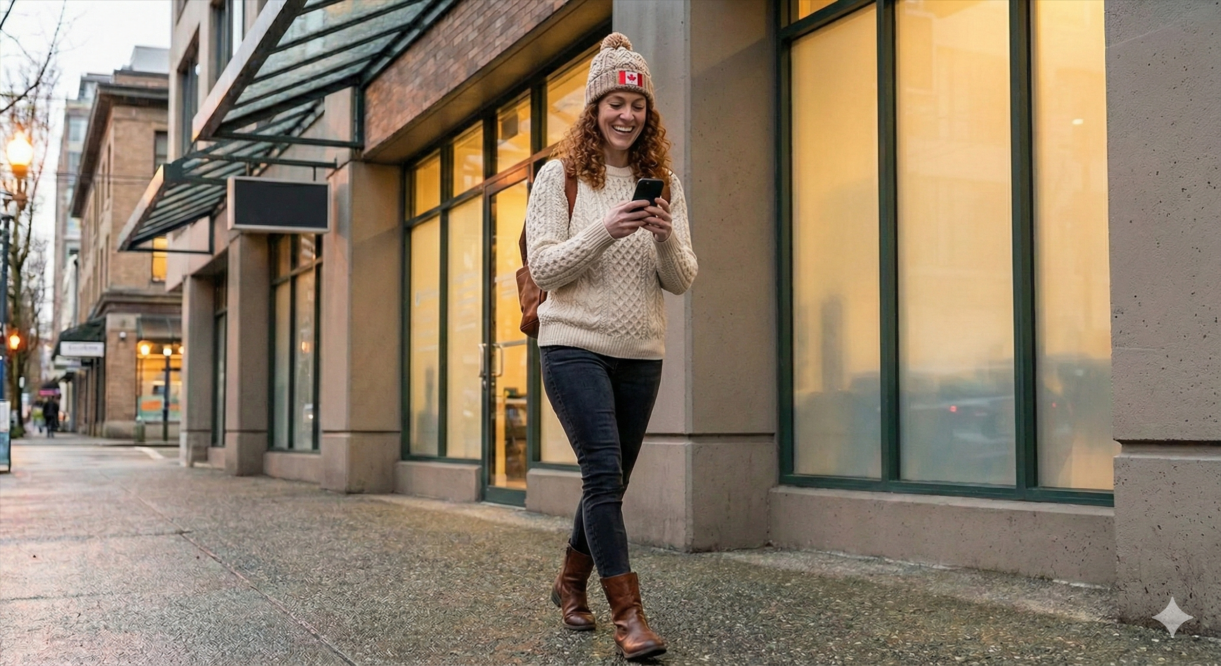 A woman with curly red hair, wearing a beige knit sweater, brown boots, and a beanie with a Canadian flag, walks on a city sidewalk while looking at her phone and smiling.