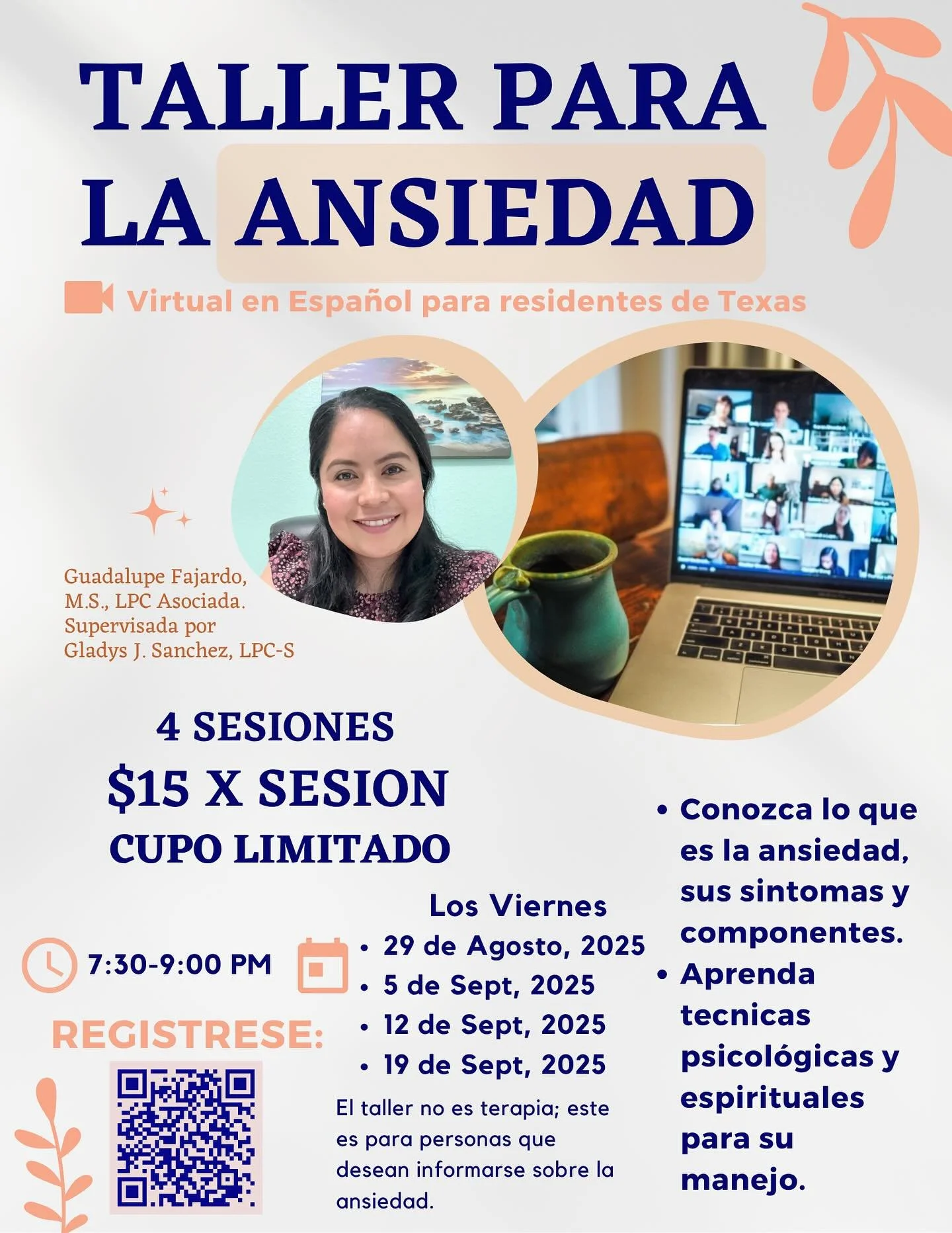 😊 Le invito al #Taller #Virtual PARA LA ANSIEDAD 

📍Taller virtual 
🗓️ 4 sesiones los #viernes empezando el 29 de Agosto 2025
🕰️ 7:30 pm

Solo quedan pocos espacios 🏃&zwj;♀️

Informes: 
❓Reg&iacute;strese en la liga que est&aacute; en la bio ⬆️ 