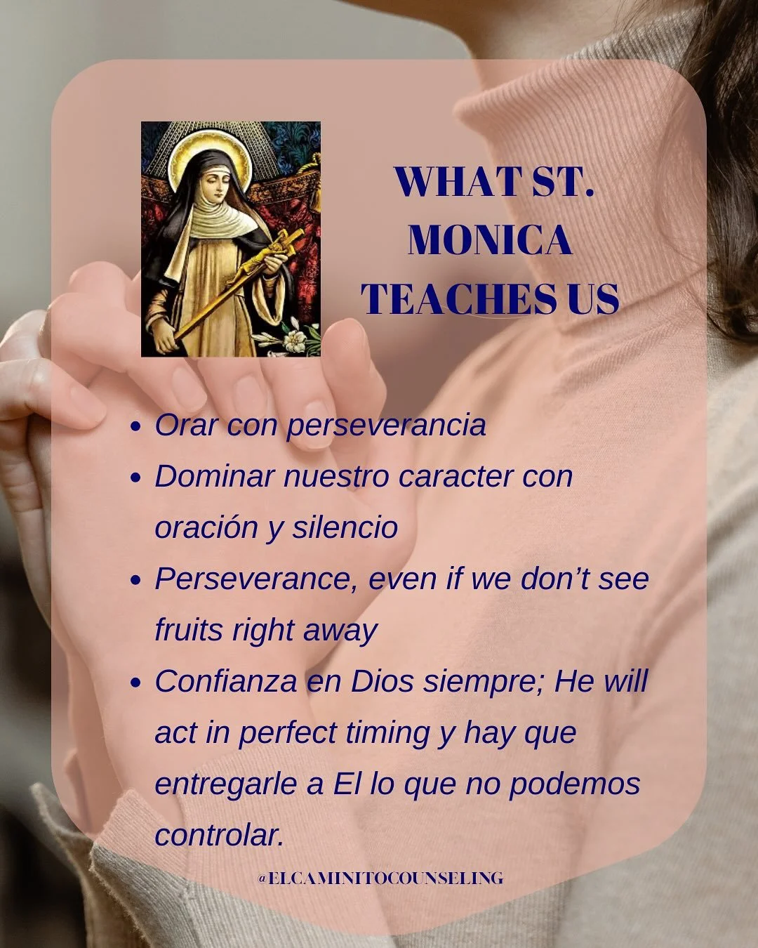Happy feast day of St. Monica!
Speaking of perfect timing, la publication de ayer (que estaba en mi to-do list por 2 semanas) se complementa perfectamente con nuestra santa de hoy y me recuerda que Dios es un Dios de detalles. 

Santa Monica nos insp
