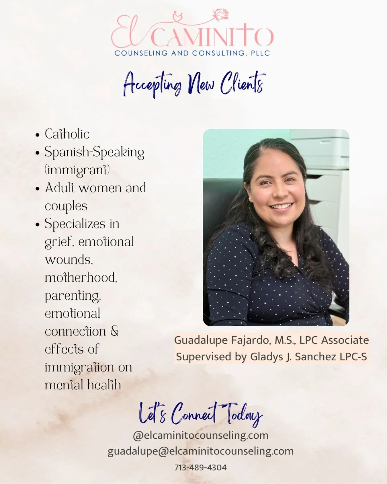 !Hola! 

Si ha estado considerando asistir a terapia no esper&eacute; m&aacute;s, me gustar&iacute;a que conversemos! 

Apoyo a mujeres y matrimonios en un camino de autoconocimiento y Sanacion. 

Agendemos una cita gratuita de descubrimiento para in