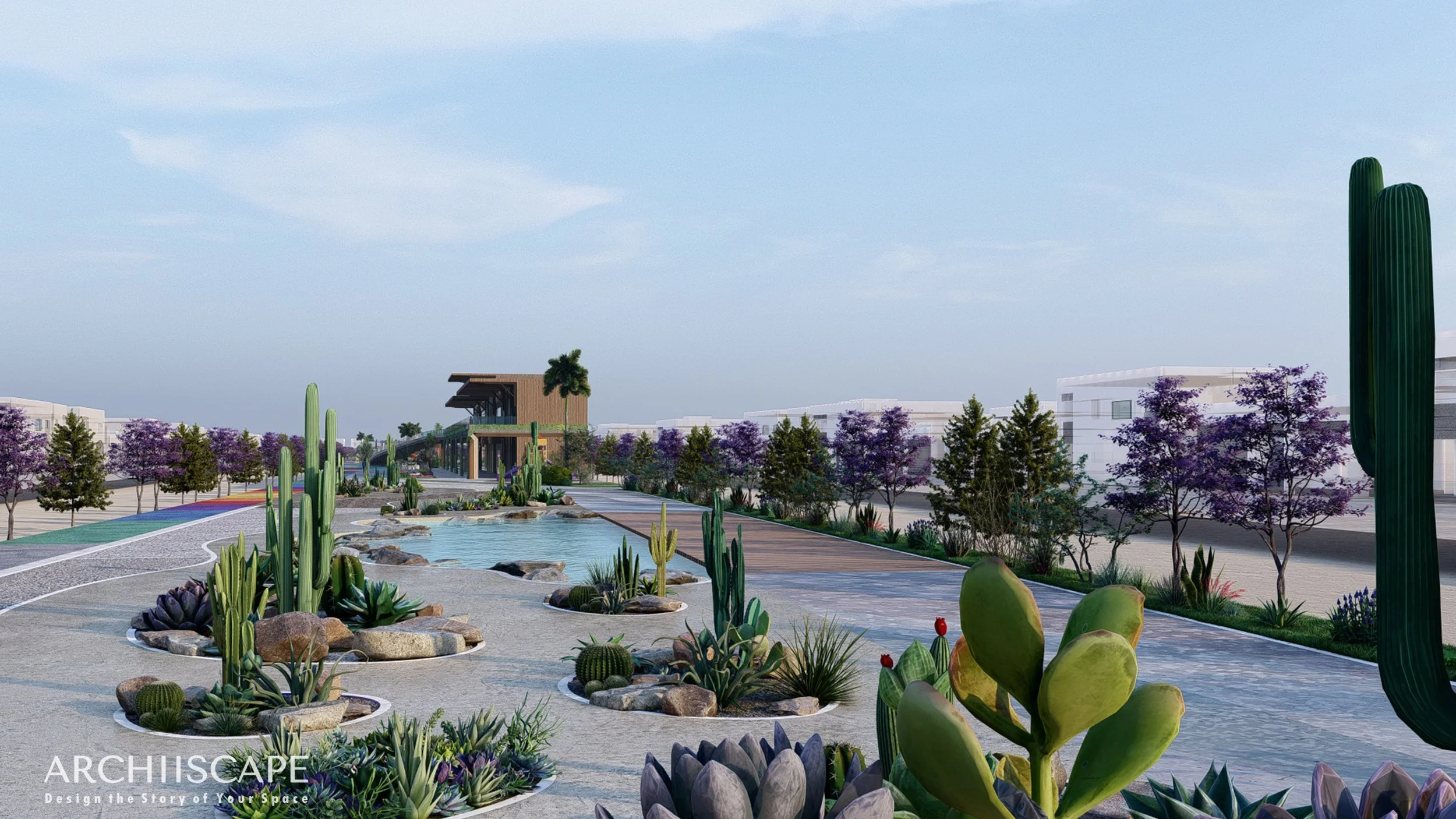 تصميم حديقة طولية بالمملكة العربية السعودية
vibrant linear park in Saudi Arabia. The design includes wide pedestrian paths, colorful geometric shade structures, circular private seating pods, bike lanes, lush landscaping, and decorative elements. The