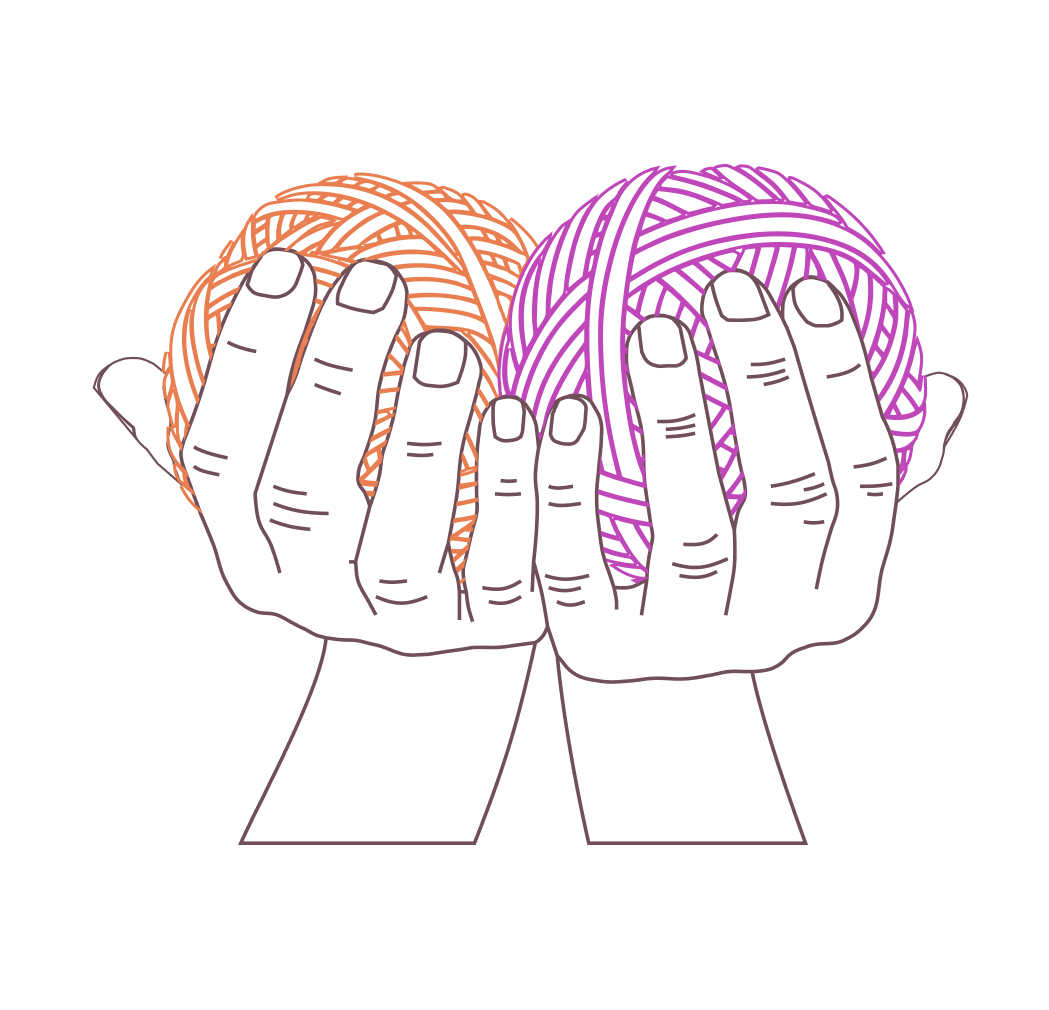 Outline drawing of two hands holding yarn balls, one orange and one purple, on a black background.