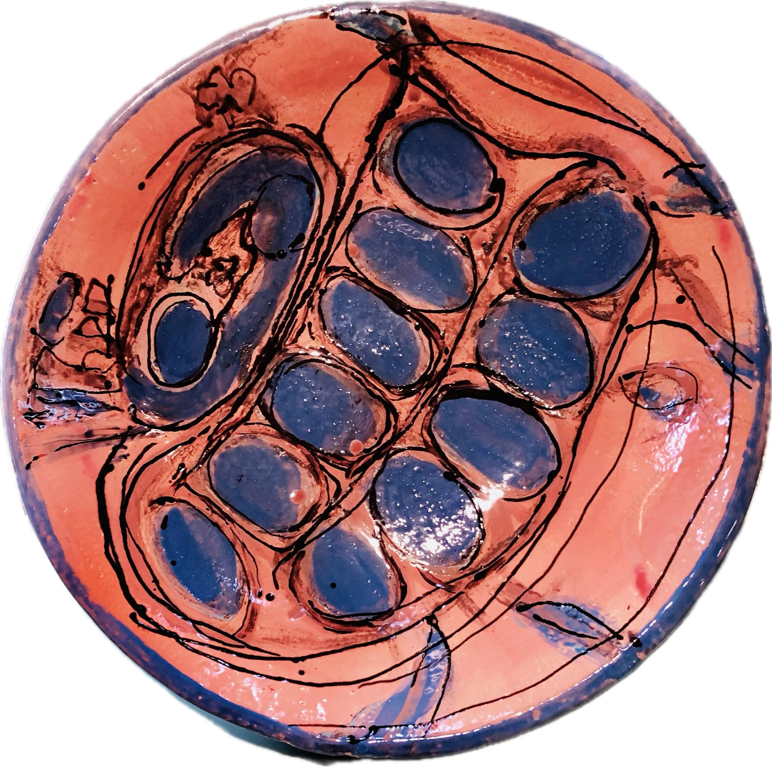 Schale ca. 38 cm / Weißer Ton/ Farbgebung Engoben und Oxide / glasiert  / verkauft