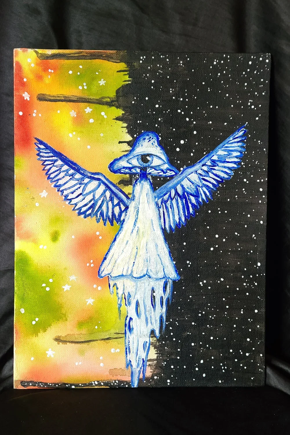 A surreal painting of a flying creature with wings, a single eye on its head, and resembling a mix between a bird and a mythical being, set against a background divided into a colorful, warm side and a dark, starry night side.