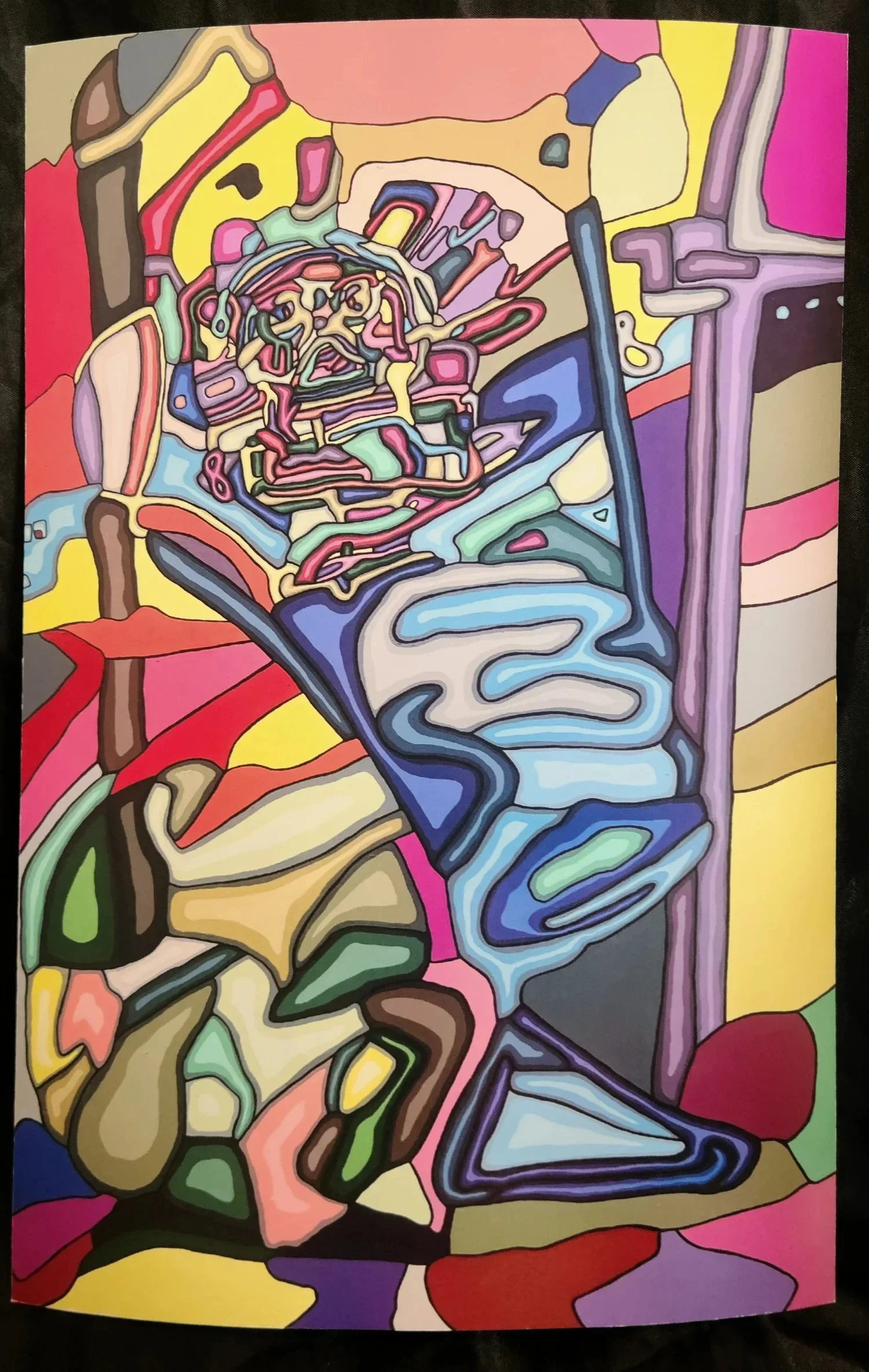 A colorful abstract painting with various lines and shapes in shades of pink, yellow, blue, green, violet, and black.