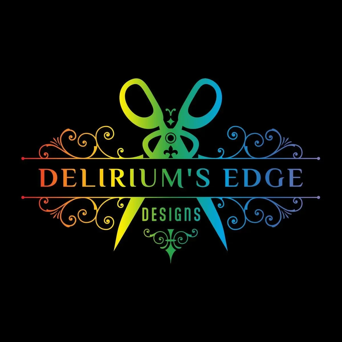 Colorful logo for Delirium's Edge Designs with a butterfly, swirls, and a lightning bolt on a black background.