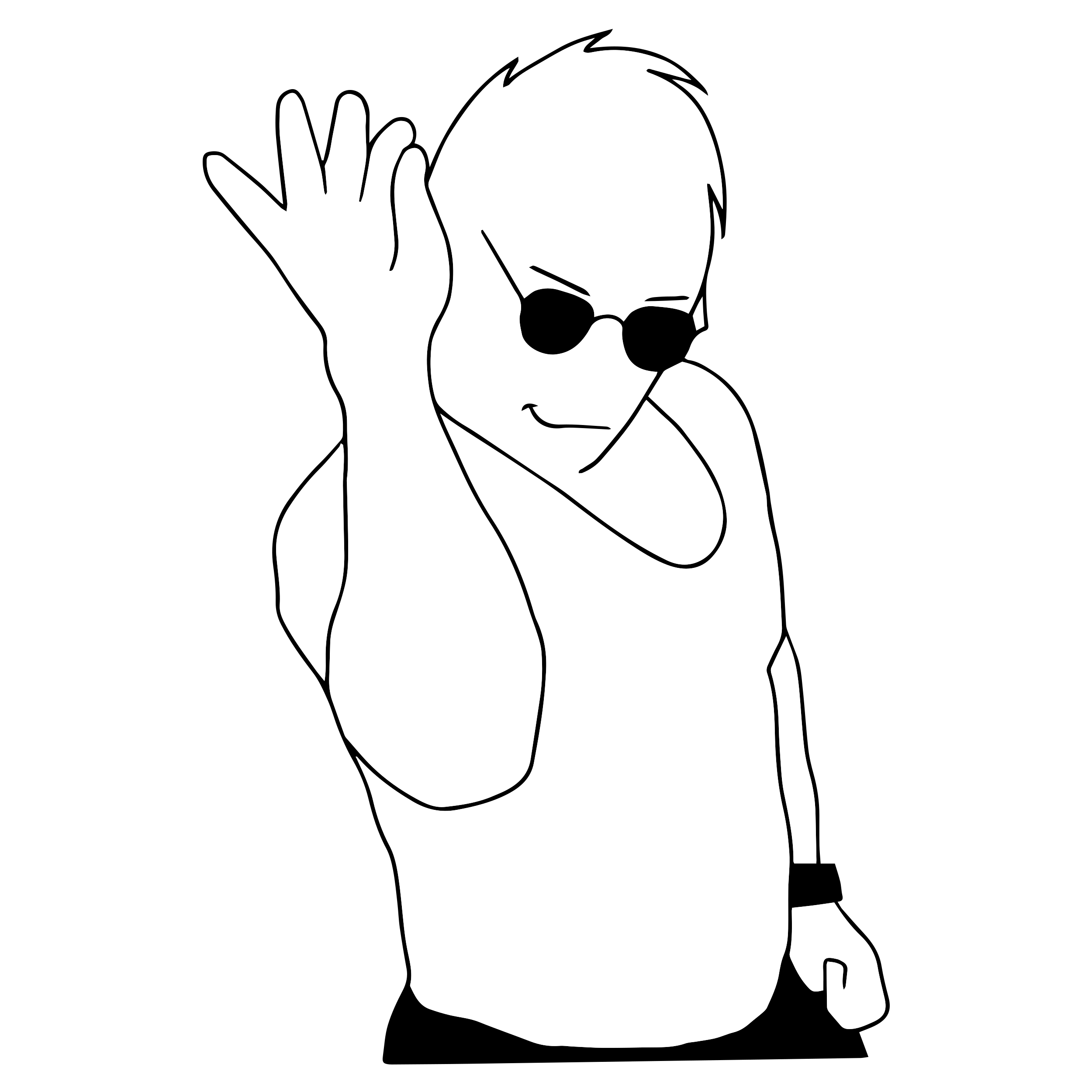 Illustration of a person with short hair wearing sunglasses, a sleeveless top, and a watch, holding headphones near their ear against a black background.