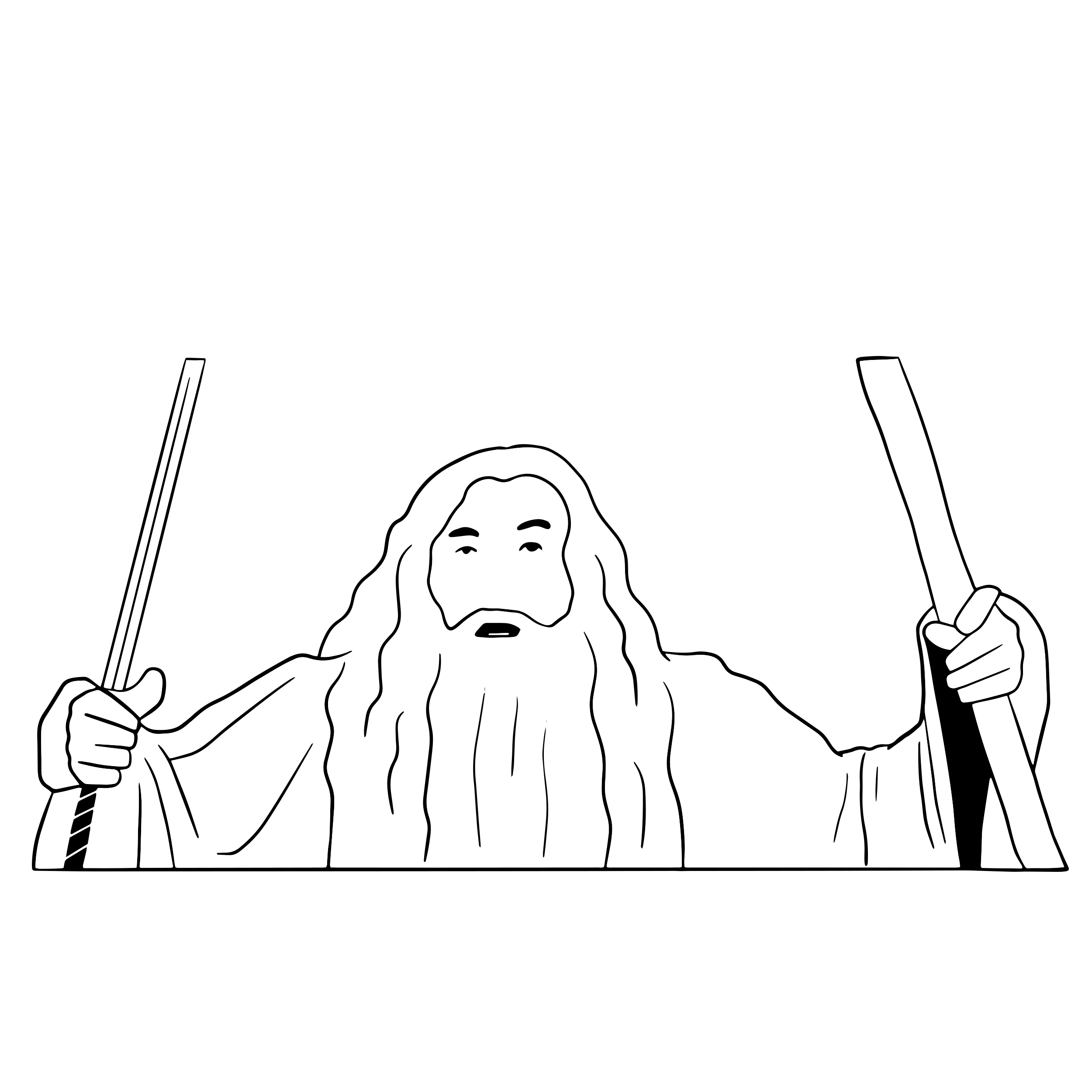A black and white illustration of a man with long hair and a beard, holding a staff in each hand, with a black background.