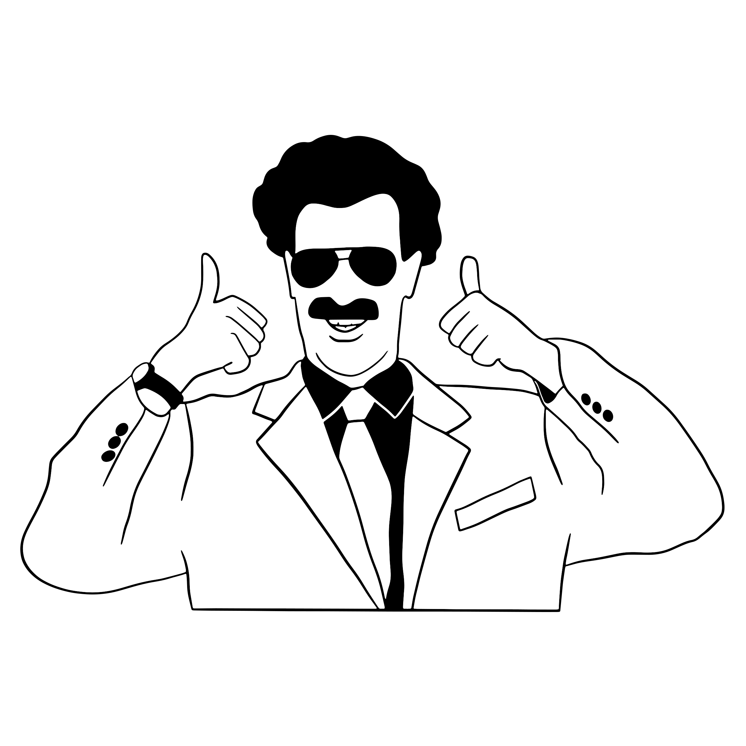 Black and white illustration of a man in a suit with sunglasses, giving double thumbs up and smiling.