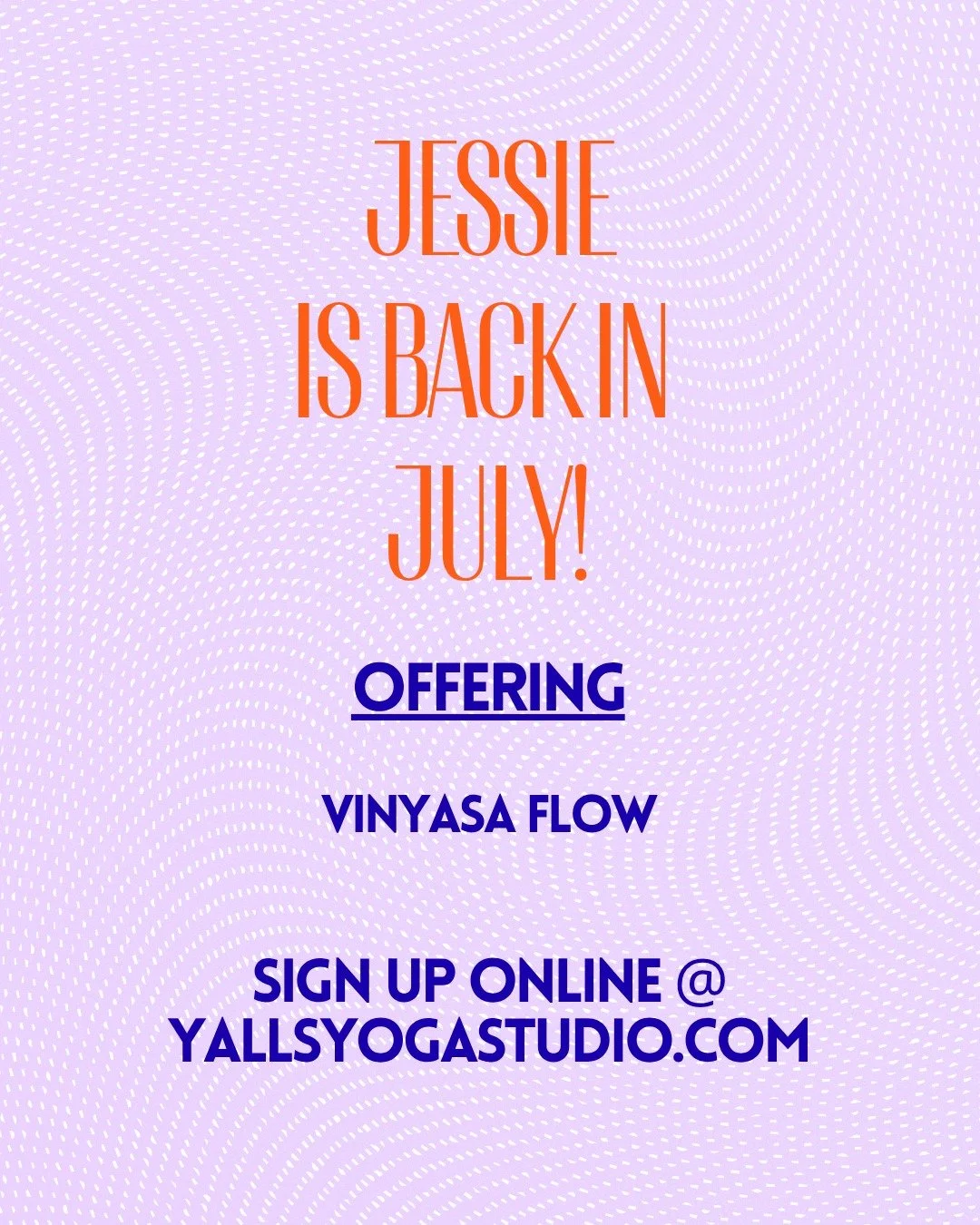 Howdy,

We are thrilled they Jessie is all healed up and ready to move with y'all :)

Jessie will be offering Vinyasa Flow 7/2, 7/6, 7/13, and 7/16.

Please sign up online to secure your spot!

See y'all there!

#twispwa