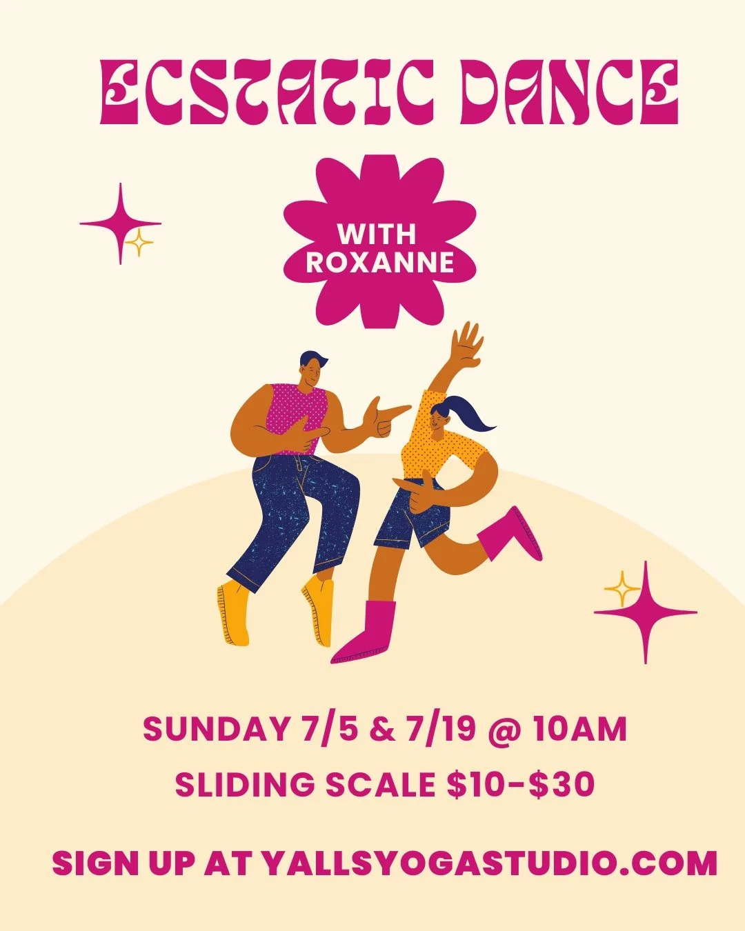 Howdy,

Y'all ready to boogie?

Roxanne is offering Ecstatic Dance 7/5 and 7/19 @ 10am.

This is not a class, this is a place to move without instruction or judgement.

Tunes provided, move as you are!

This is a space to let go, move freely, and be 