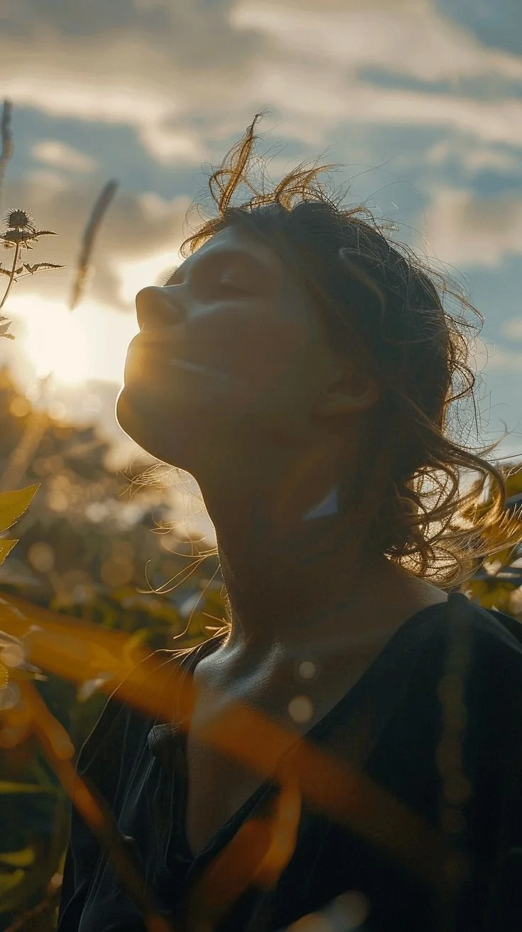 Silhouette of a woman with curly hair standing among plants at sunset or sunrise.