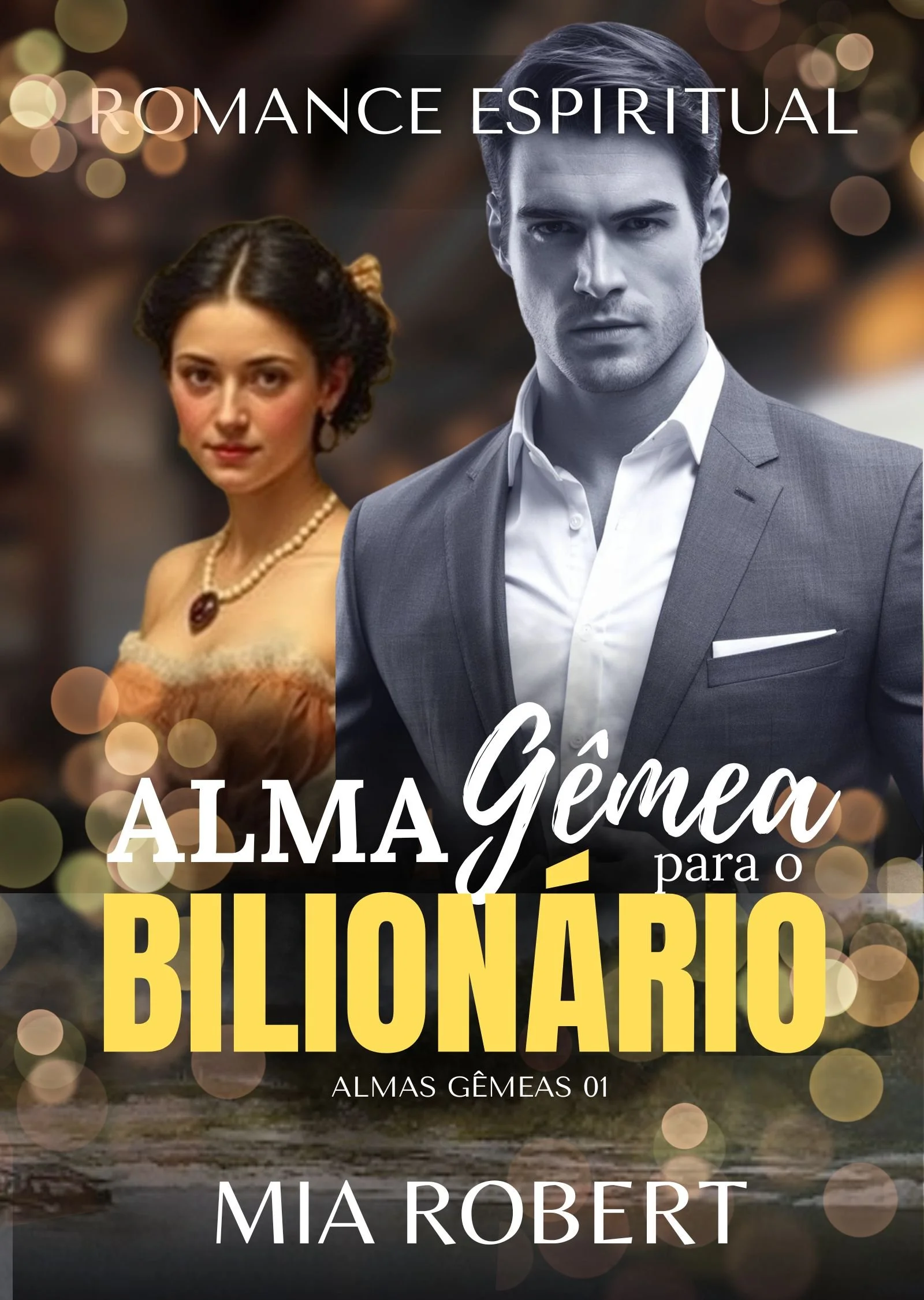 Buchcover mit einem Mann in Anzug und einer Frau in einem alten Kleid, im Hintergrund verschwommene Lichter und Wasser, Titel: »Alma Gêmea para o Bilionário«, Autor: Mia Robert, mit dem Thema Romantische Spiritualität.