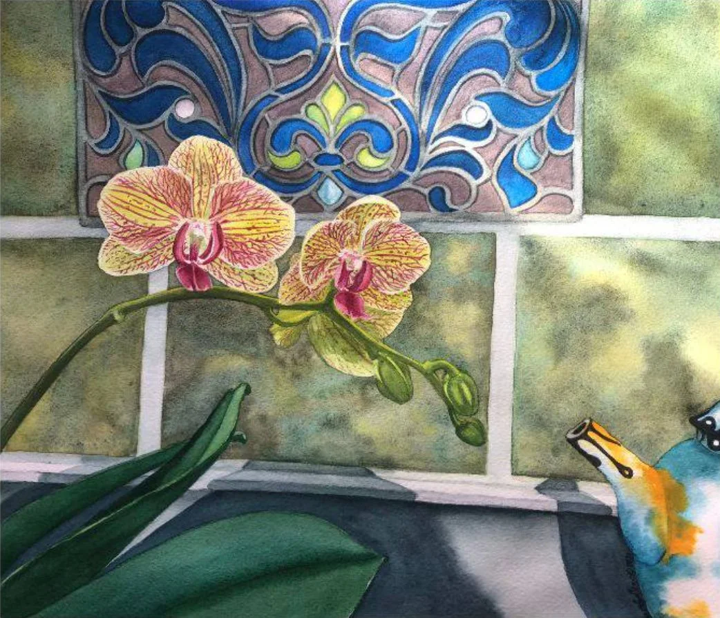 Watercolor painting of a pink and yellow orchid with green leaves on a windowsill, a decorative tile with blue, green, and beige patterns behind it, and a small ceramic bird figurine with a yellow beak and blue, yellow, and black markings.
