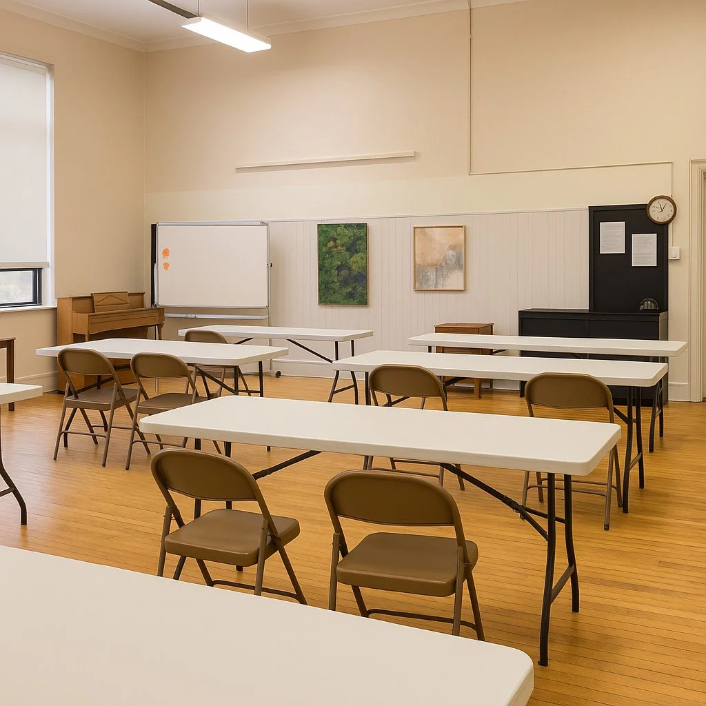Empty classroom with white tables, brown chairs, white walls, and artwork, a whiteboard, a clock, and a piano.