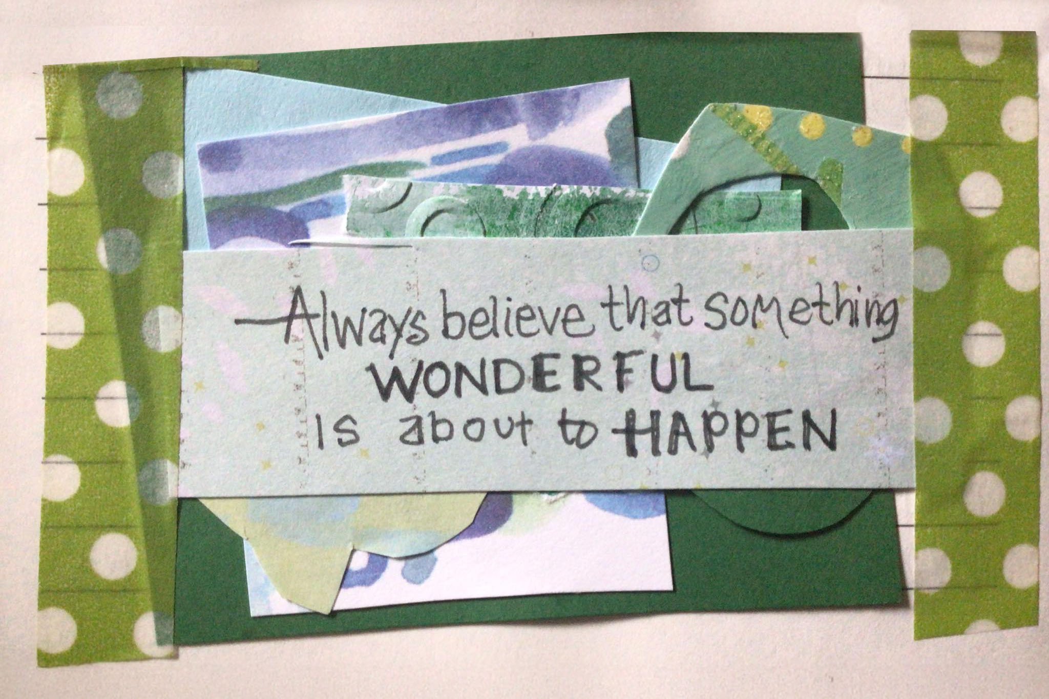 A collection of colorful, folded paper notes with a motivational quote written on a white paper in the center, surrounded by green, purple, and patterned paper.