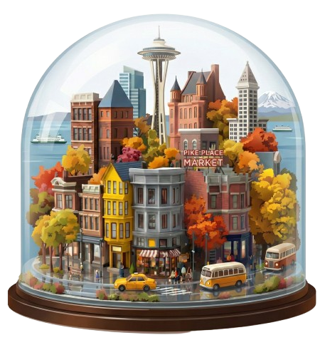 Miniature model of Seattle with iconic buildings like the Space Needle, downtown skyscrapers, and Pike Place Market, surrounded by colorful trees and vehicles under a glass dome.