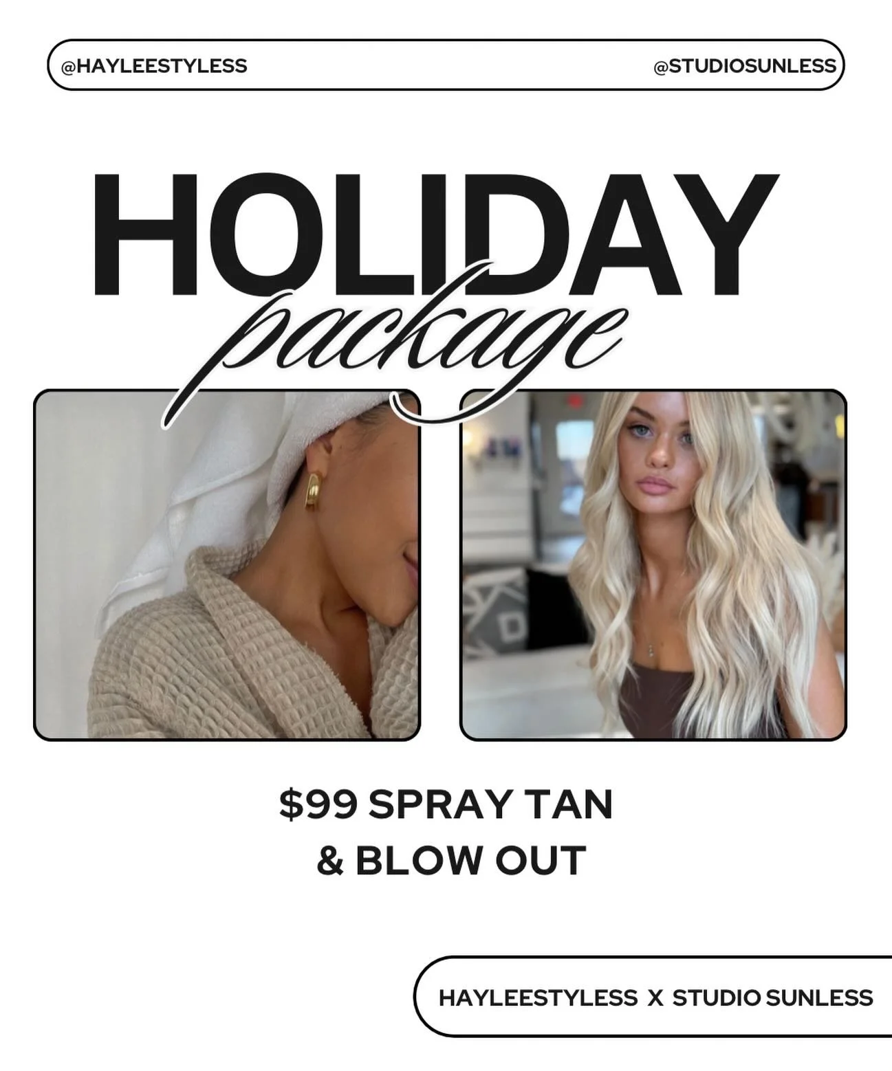 The Holiday glam bundle you didn&rsquo;t know you needed ❄️

Hayleestyless 🤝 Studio Sunless team together to get you ready this Holiday season! Family photos? Holiday parties? New Years Eve? Date night? Girls Night out? Winter Wedding? Just because?