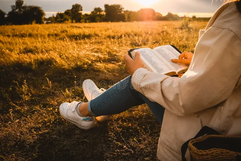 Person sitting on the ground reading a Bible in a field during sunset.
