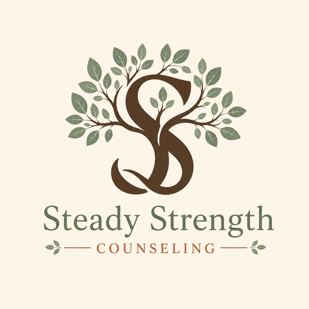 Steady Strength Counseling logo with a stylized tree and leaves forming the letter S, symbolizing growth, healing, self-trust, resilience, and meaningful connection.