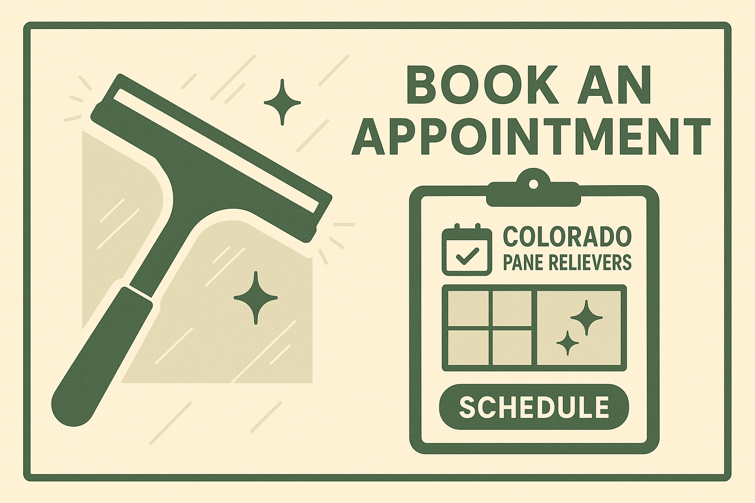 A sign encouraging booking an appointment at Colorado Pane Lifters, featuring a squeegee, sparkles, and a scheduling chart with a checkmark and the word schedule.