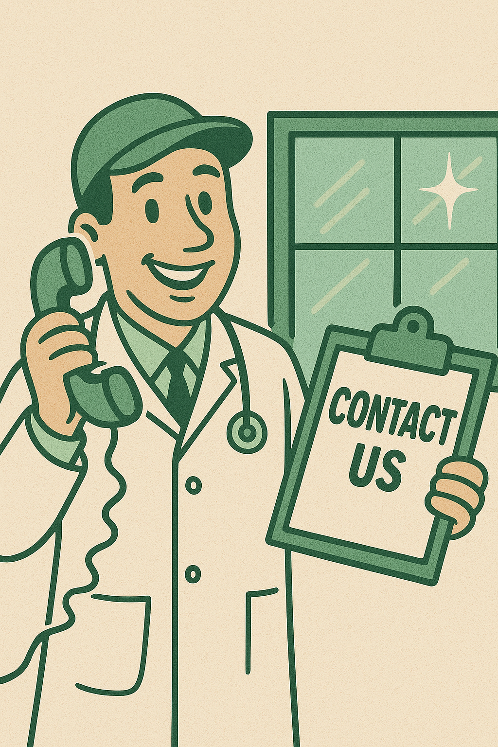 Illustration of a smiling male doctor in a white coat with a stethoscope, holding a clipboard that says 'Contact Us' and talking on a corded telephone in front of a window with sunlight reflection.