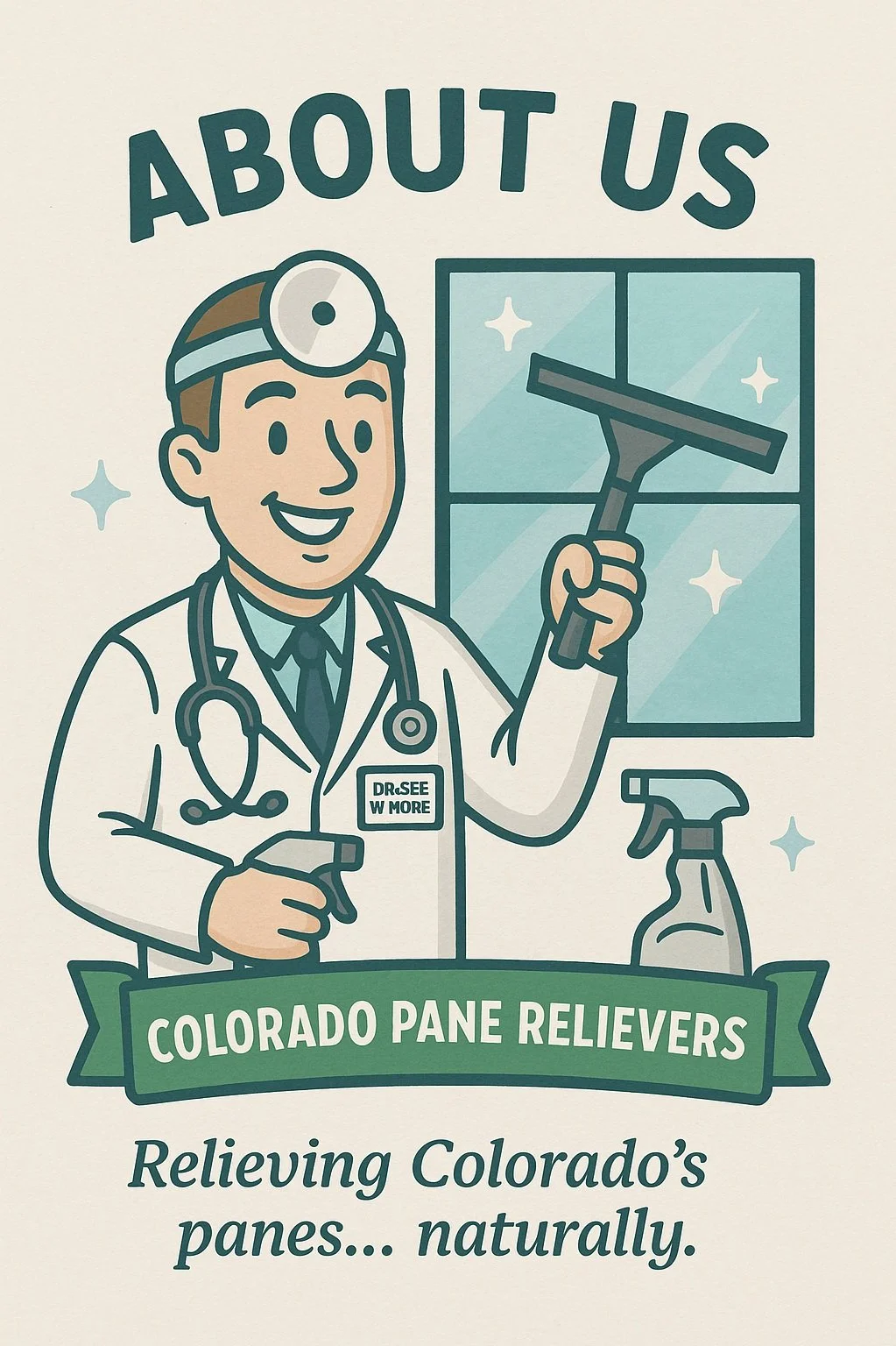 Illustration of a smiling male doctor wearing a white coat and stethoscope, holding a squeegee, with a window behind him and cleaning supplies on a table. The text reads 'About Us' and 'Colorado Pane Relievers,' with a slogan 'Relieving Colorado's panes... naturally.'