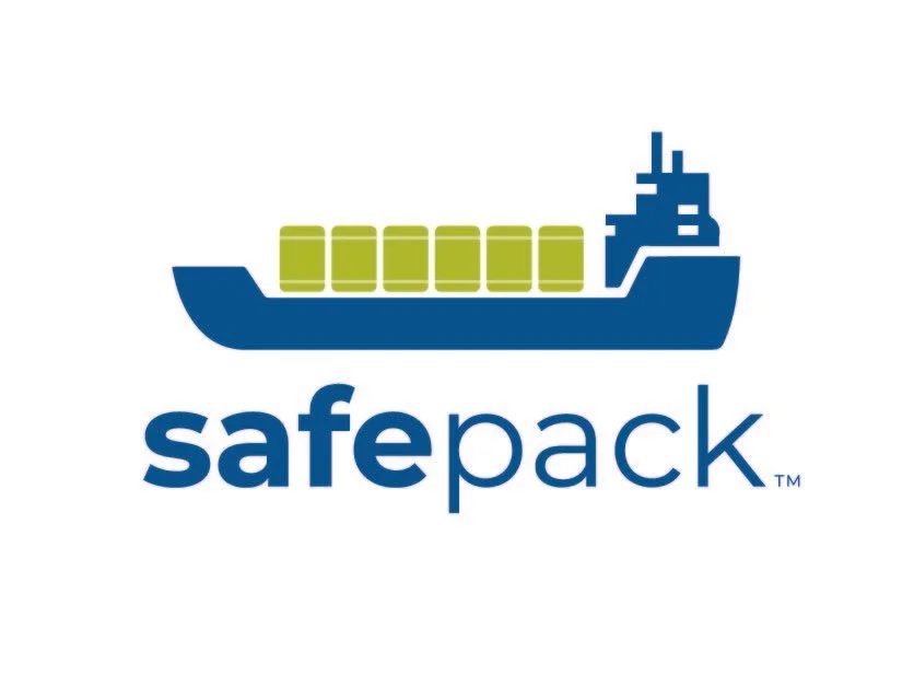 Logo of a cargo ship with containers, with the word 'safepack' below it.