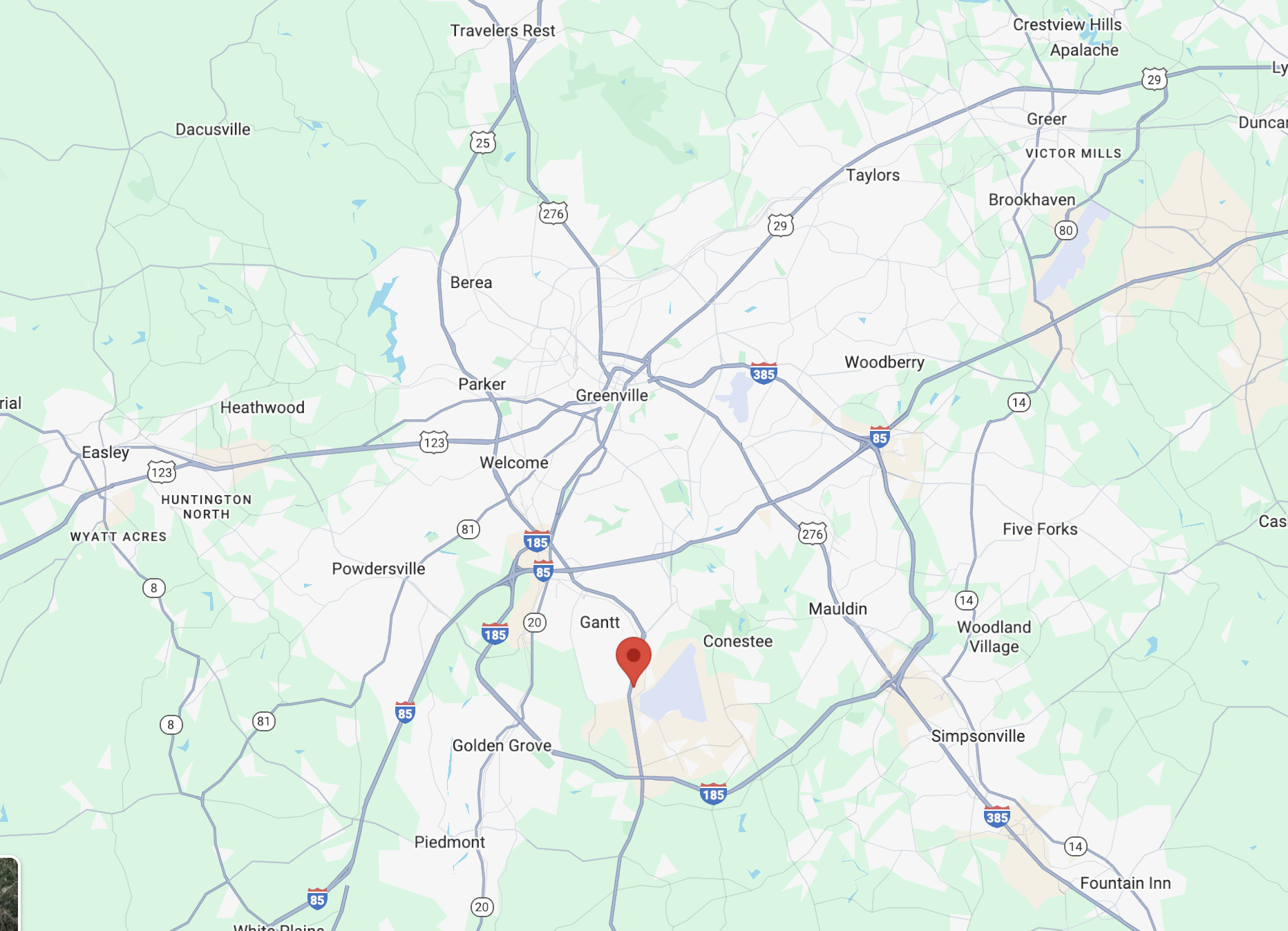 Map of Greenville, South Carolina, showing surrounding neighborhoods, highways, and roads.