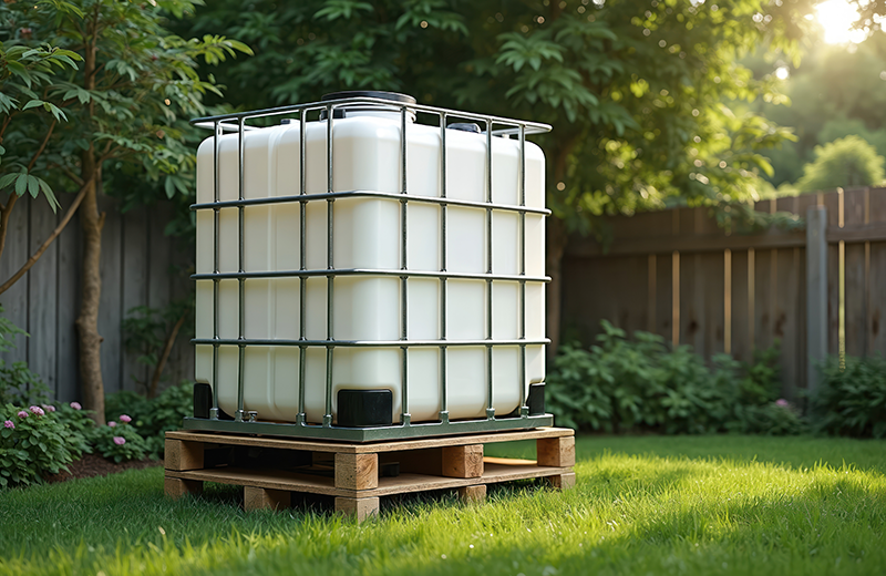 A large white water storage tank on a wooden pallet in a backyard with trees, plants, and a wooden fence, illuminated by sunlight.