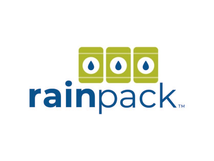 Logo for RainPack featuring three green rain meat containers with blue droplet icons, and the word 'rainpack' in blue lowercase letters.