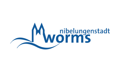 Logo for Nibelungenstadt Worms, featuring a stylized church tower and waves, with text in German.
