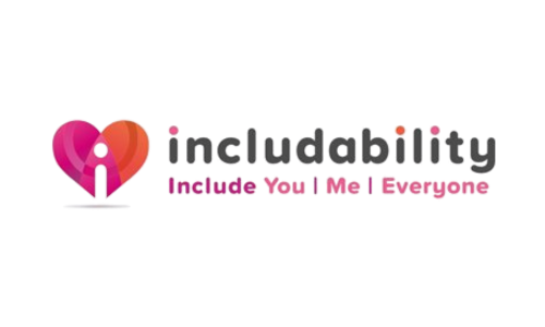 Logo featuring a pink and orange heart with a black pinhole, and the word 'includability' with the tagline 'Includes You | Me | Everyone' in pink.