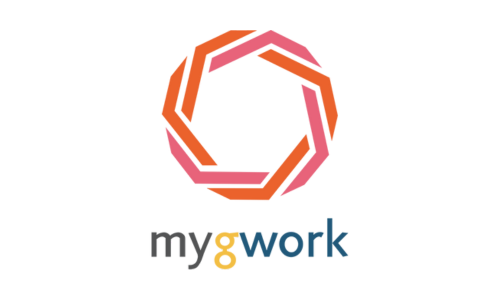 Logo of myGwork featuring a geometric shape in shades of orange and pink, with the text 'myGwork' below, emphasizing diversity and inclusion in the workplace.