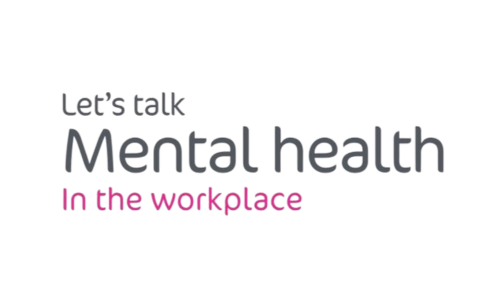 Text graphic saying "Let's talk Mental health in the workplace" with "Mental health" in large font, "Let's talk" above in smaller font, and "in the workplace" below in pink as a subtitle.