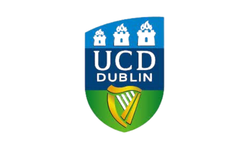 UCD Dublin emblem featuring a shield with three castles on a blue and green background.