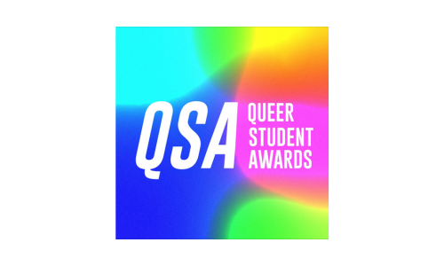 QSA Queer Student Awards logo with a colorful rainbow gradient background.