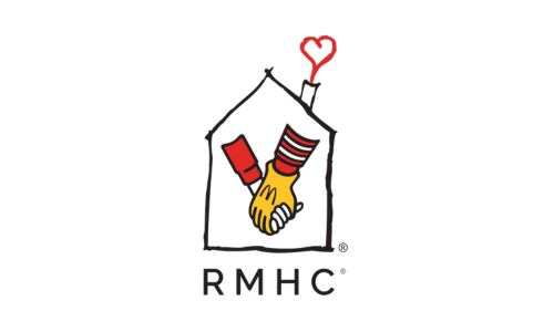 Logo with a black house outline, a yellow stuffed animal hand with a red sleeve, a red heart above, and the text 'RMHC' below.
