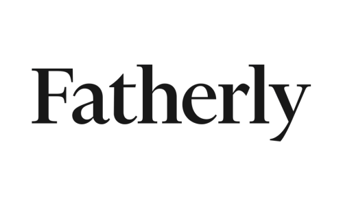 The word 'Fatherly' in large black text with an image of a small child sitting on a father's shoulders in the background.