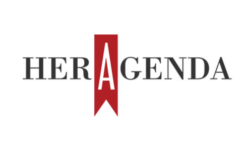 Her Agenda logo with the words Her Agenda, featuring a red vertical banner with the letter A.