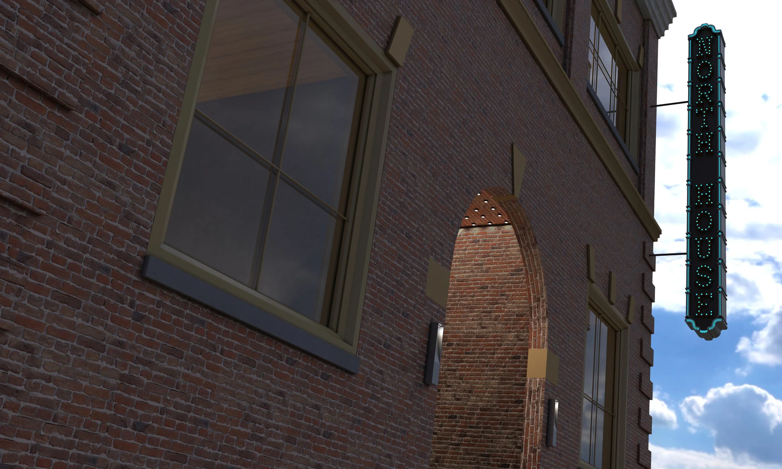 Architectural rendering of North House exterior — historic brick facade with vertical teal North House neon sign, Tonawanda NY
