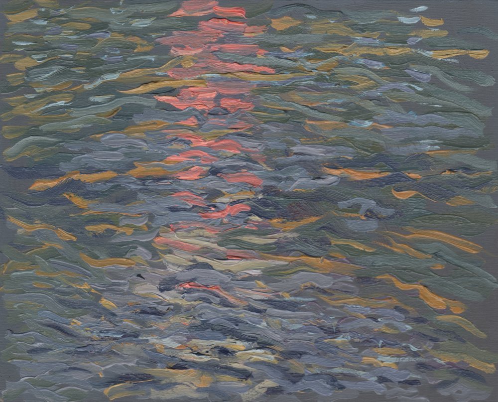 The 29th of July 2016 (Girl in a Pink Bikini), SE corner of Confluence, last light, oil on birch panel, 8 x 10 x 1 inches