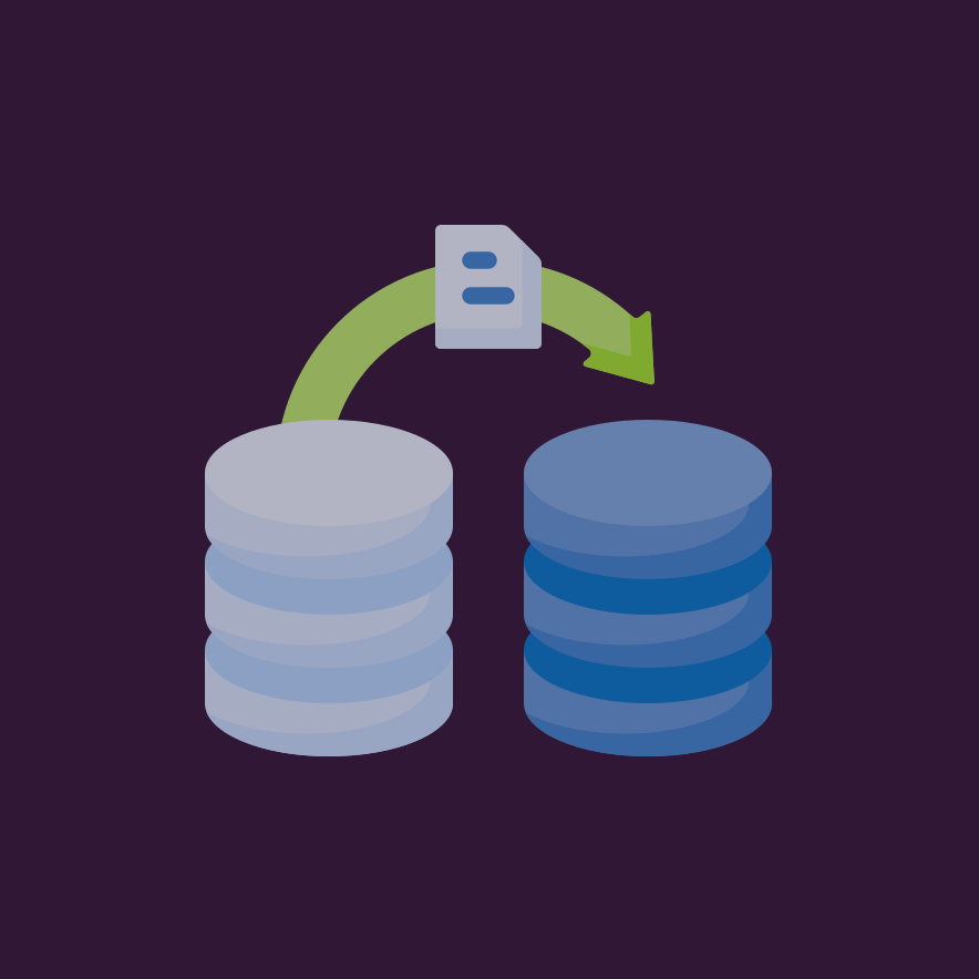 A graphic showing a database migration, with a stack of silver coins on the left, a stack of blue coins on the right, and a document with an arrow pointing from the left to the right.