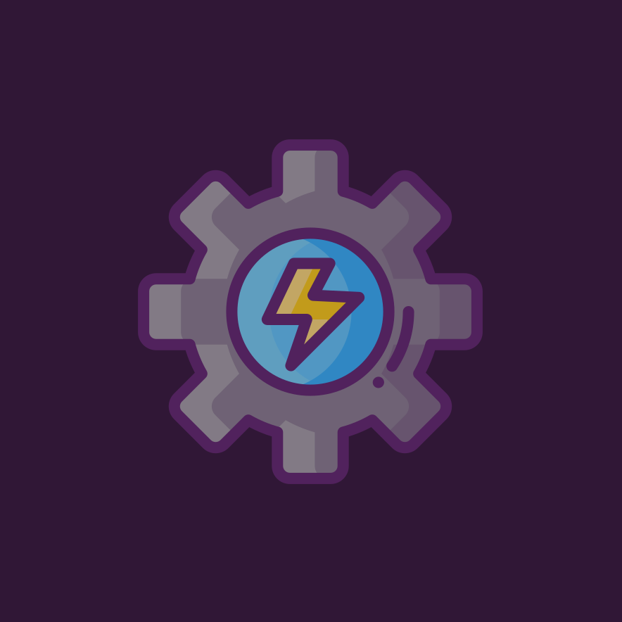 Icon of a gear with a lightning bolt inside it, representing power or energy, on a dark background.