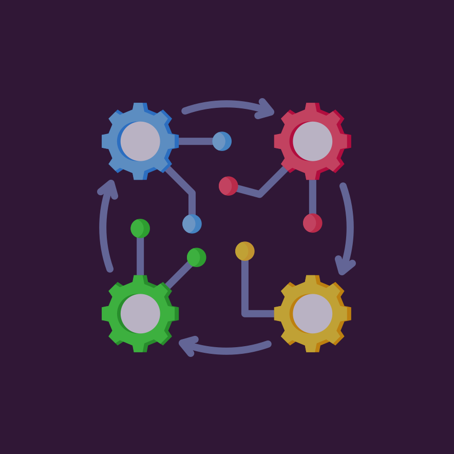 Illustration of gears in blue, red, green, and yellow connected by arrows and lines, representing a cycle or process flow.